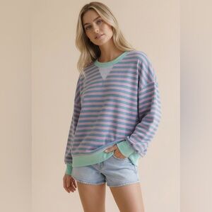 Teal green stripe color block patchwork French terry
pullover sweatshirt top